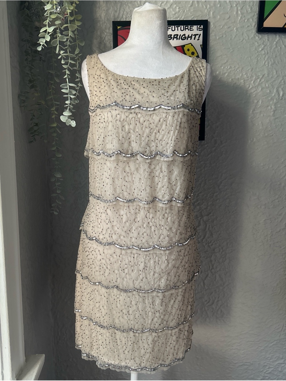 Adrianna Papell red carpet Beaded Tiered Sheath Dress in Champagne